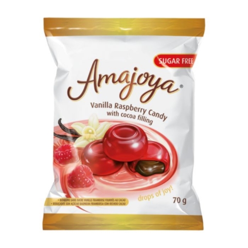 Picture of AMAJOYA SUGAR FREE  VANILLA RASPBERRY FLAVOURED CANDY WITH COCOA FILLING 70g